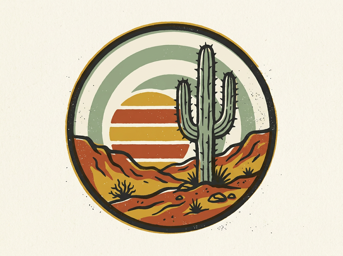 Generated sample artwork: a circular badge with a saguaro cactus in front of a striped sun