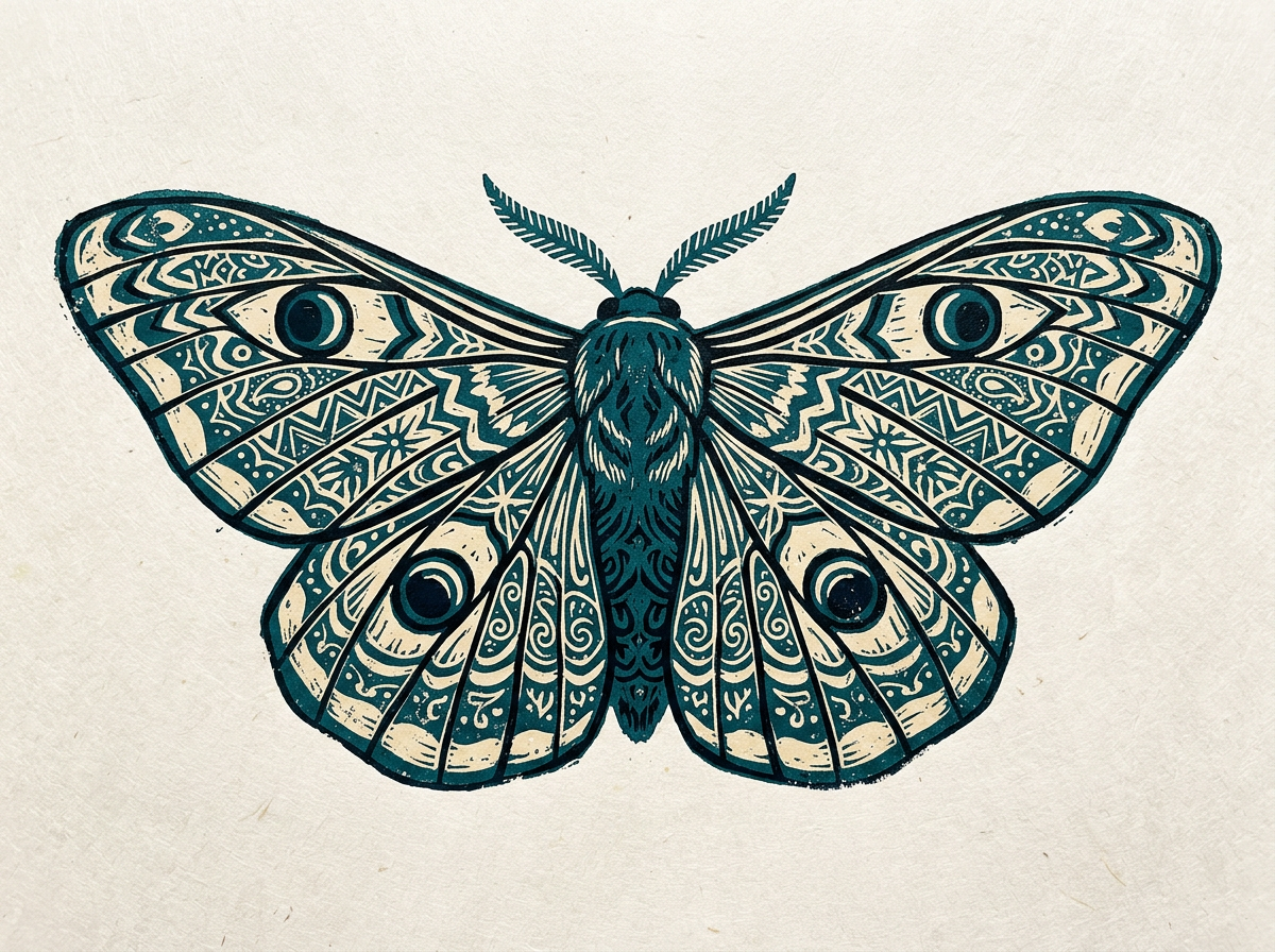 Generated sample artwork: a symmetrical teal and cream linocut moth