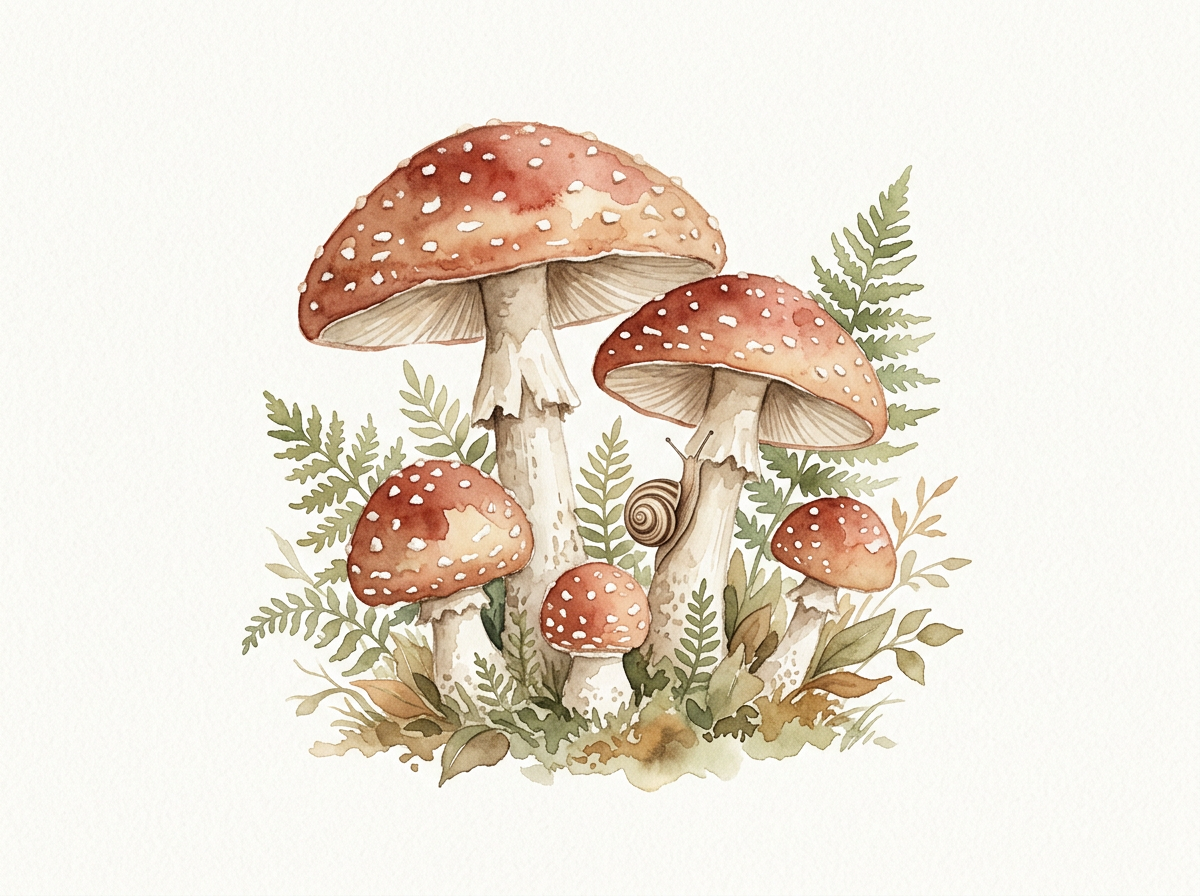 Generated sample artwork: watercolour red mushrooms with ferns and a snail