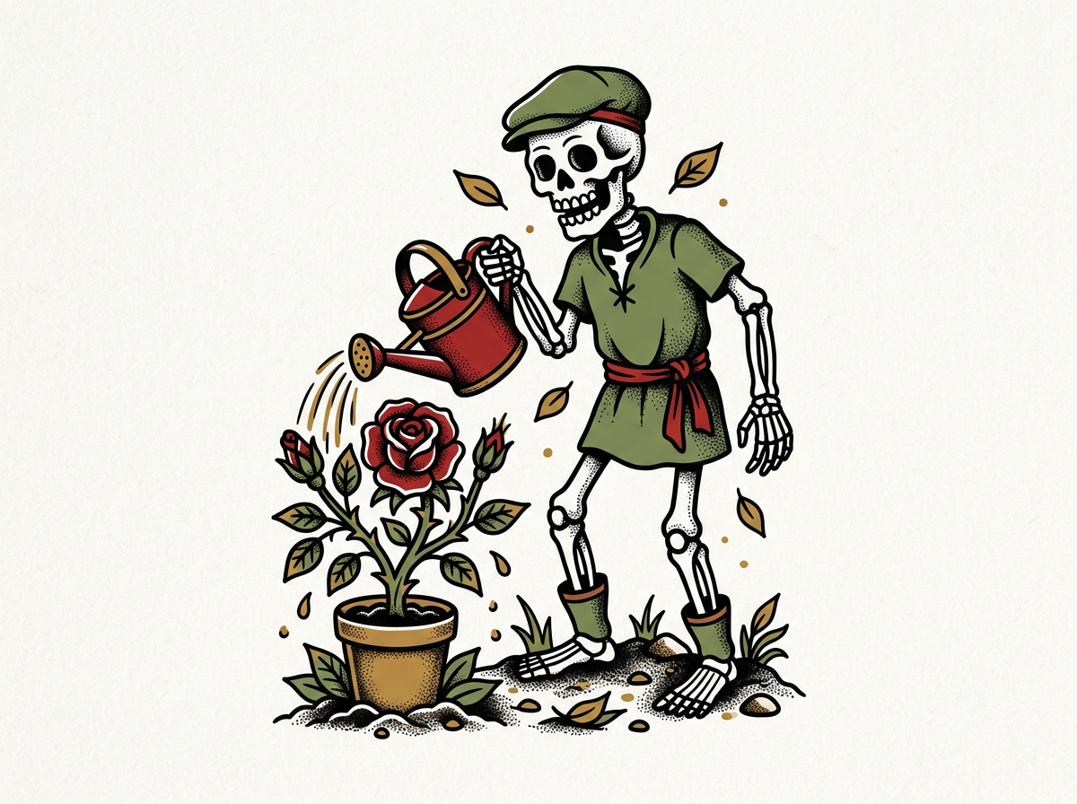 Generated sample artwork: a tattoo-flash skeleton in a flat cap watering a potted rose