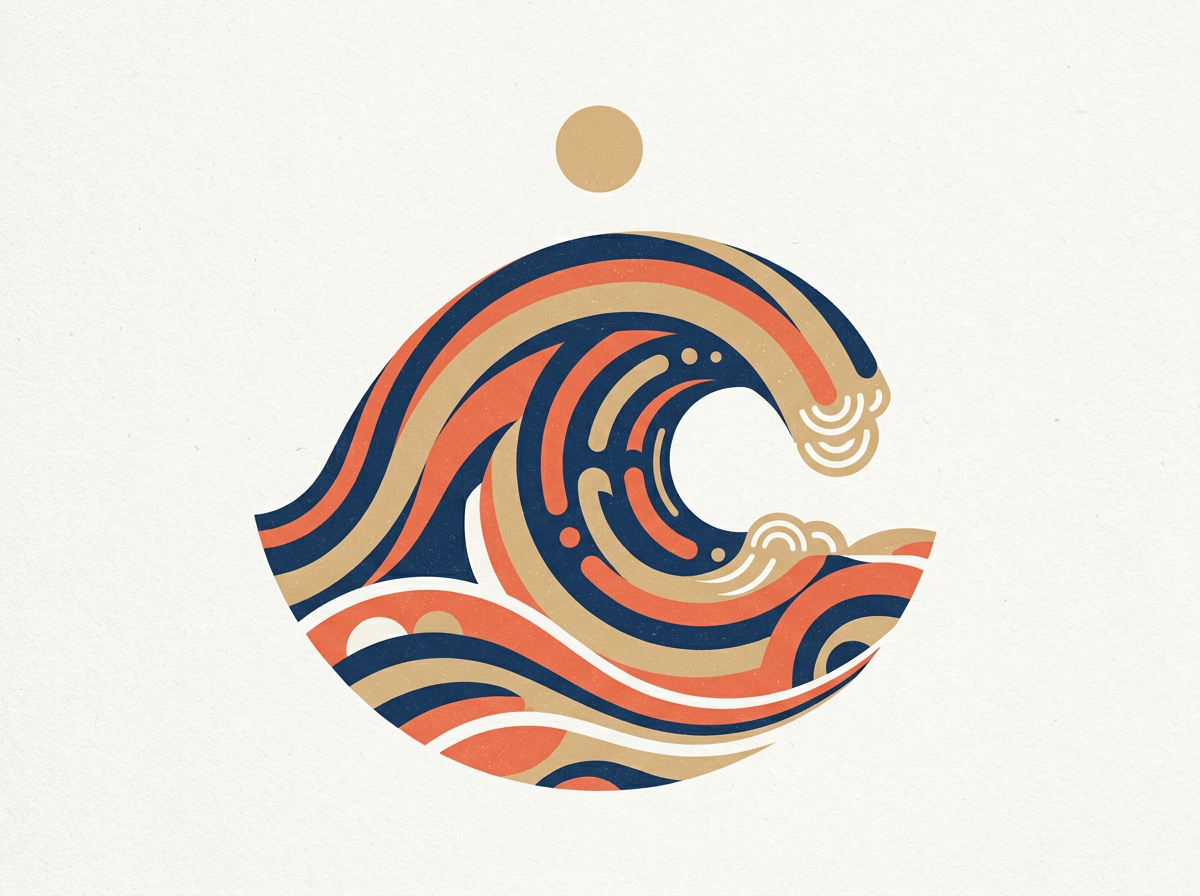 Generated sample artwork: a geometric ocean wave in coral, navy and sand