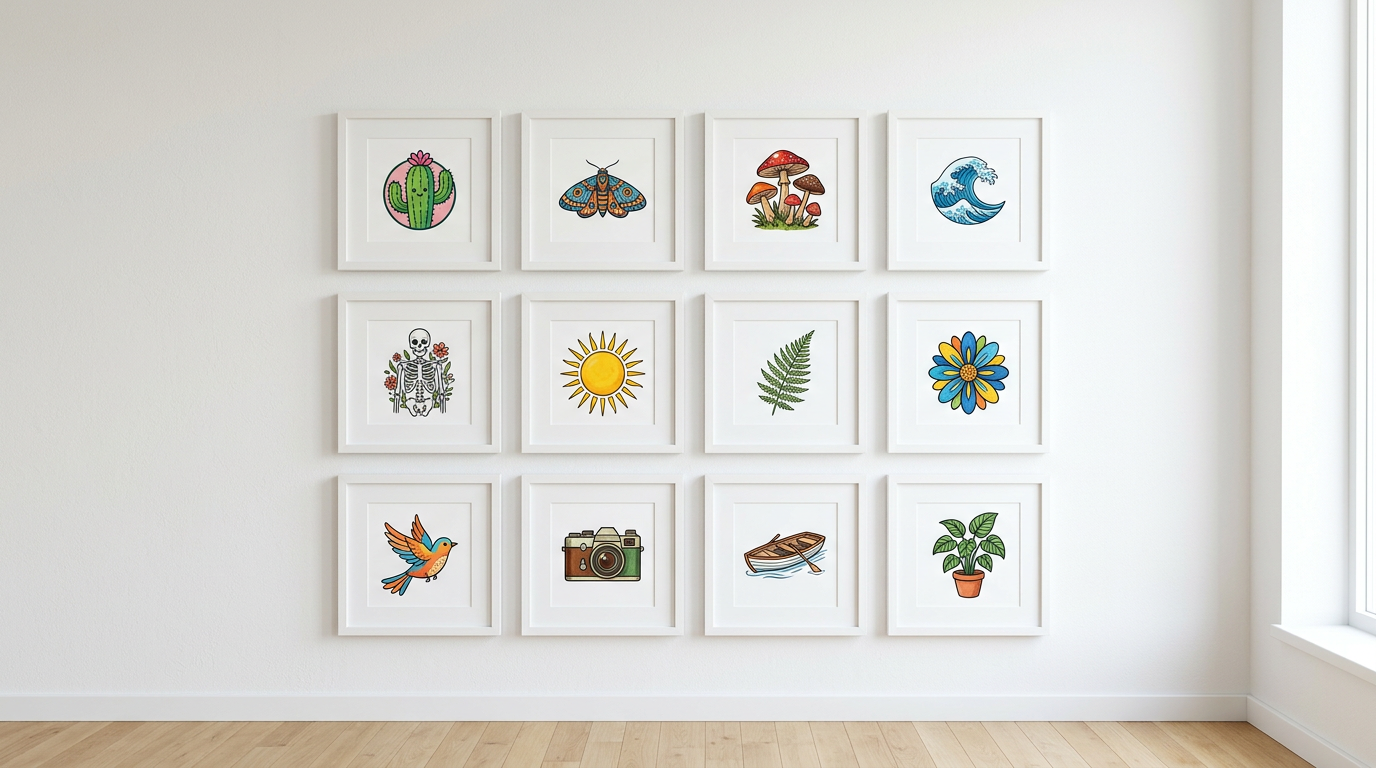 A white gallery wall with twelve framed prints, each a different illustration